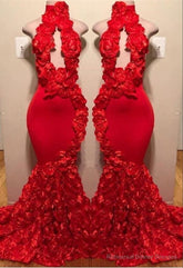 New Arrival Red Keyhole Mermaid Flowers Halter Sleeveless Long Prom Dresses